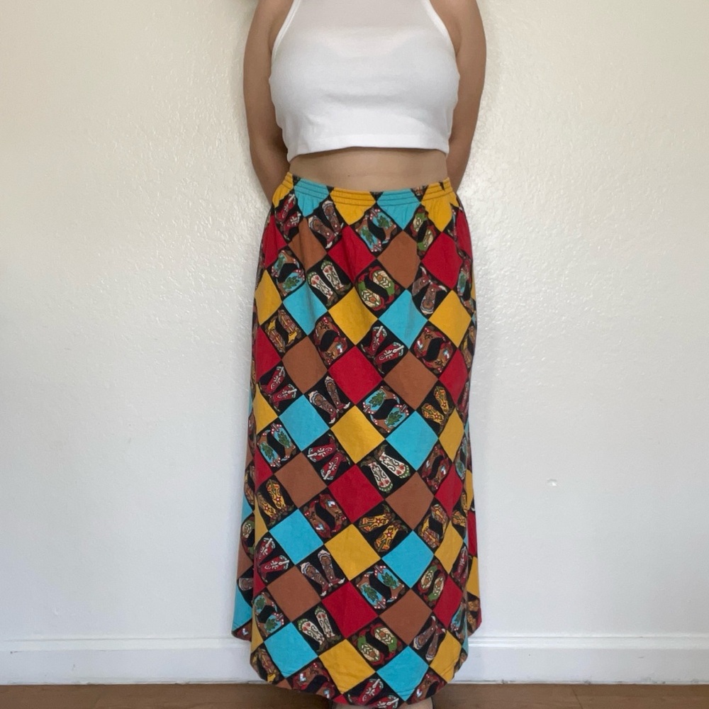Vintage Bob Mackie Wearble Art Maxi Skirt with Cowboy Boot Pattern